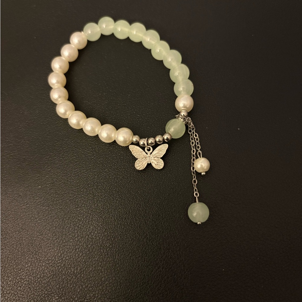 Elegant Pearl and Green Bead Bracelet with Butterfly Charm